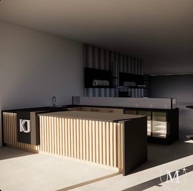 Moderne keuken met een eiland en een combinatie van zwarte en houten afwerkingen.