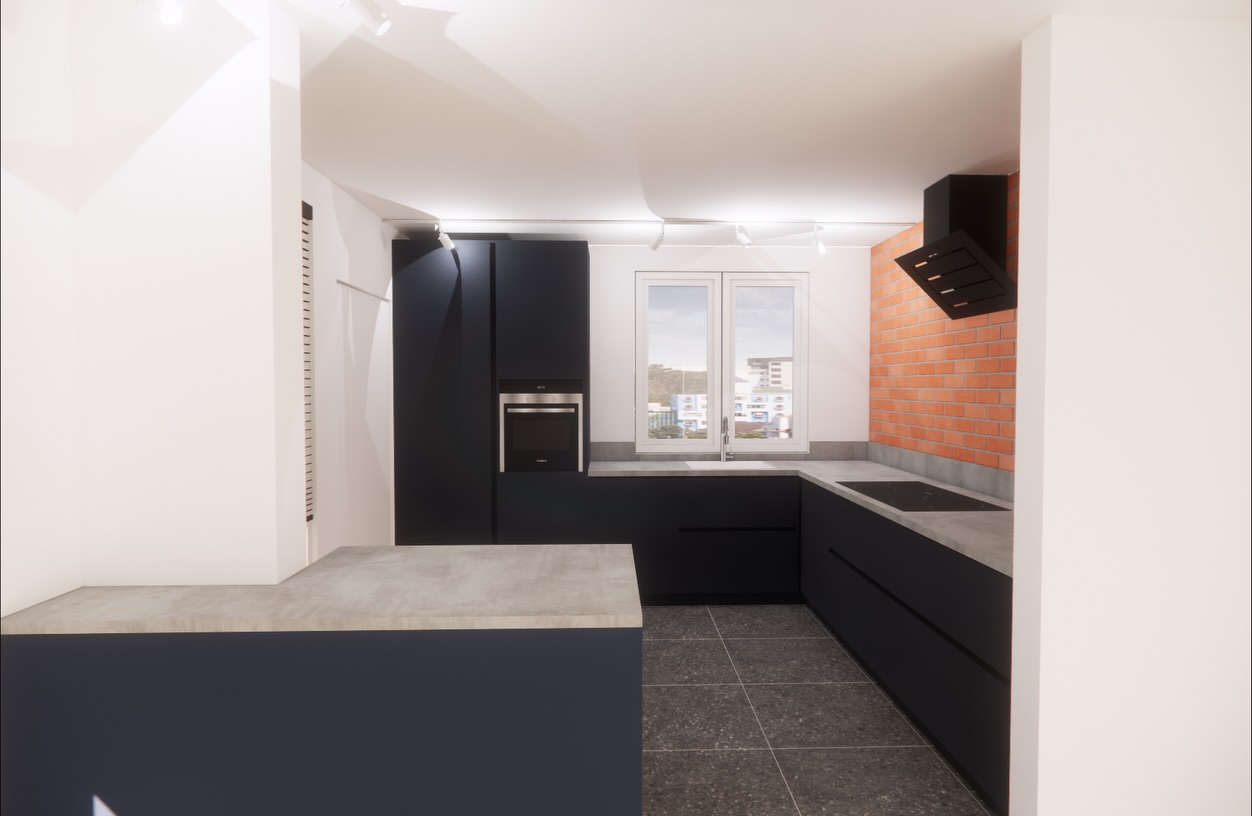 Een moderne keuken met donkere kasten, een betonnen werkblad en een bakstenen muur. Er is een raam met uitzicht op de buitenwereld en een afzuigkap boven het kookgedeelte.