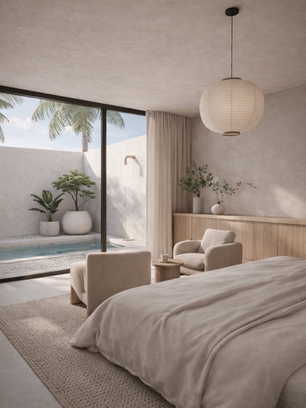 Moderne slaapkamer met een lichtgekleurde uitstraling, inclusief een comfortabel bed en zithoek. Grote ramen bieden uitzicht op een serene patio met een zwembad en planten. Een fraaie papieren lamp hangt aan het plafond.