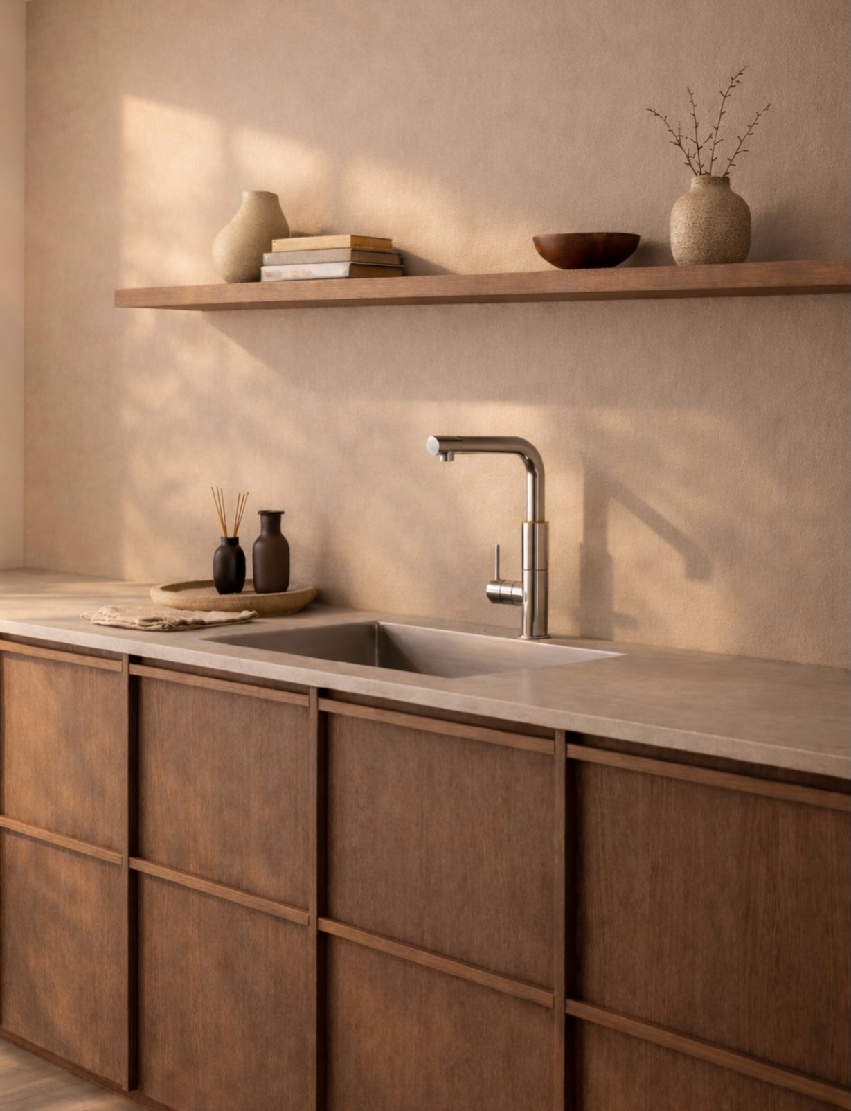 Moderne keukeninrichting met een houten aanrechtblad, een roestvrijstalen kraan en decoratieve accessoires op een bovenplank.