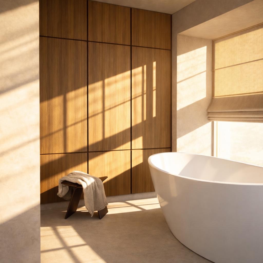 Een moderne badkamer met een vrijstaand bad, een houten wand, en een kruk met een deken. Natuurlijk licht valt door het raam en creëert schaduwpatronen op de vloer.