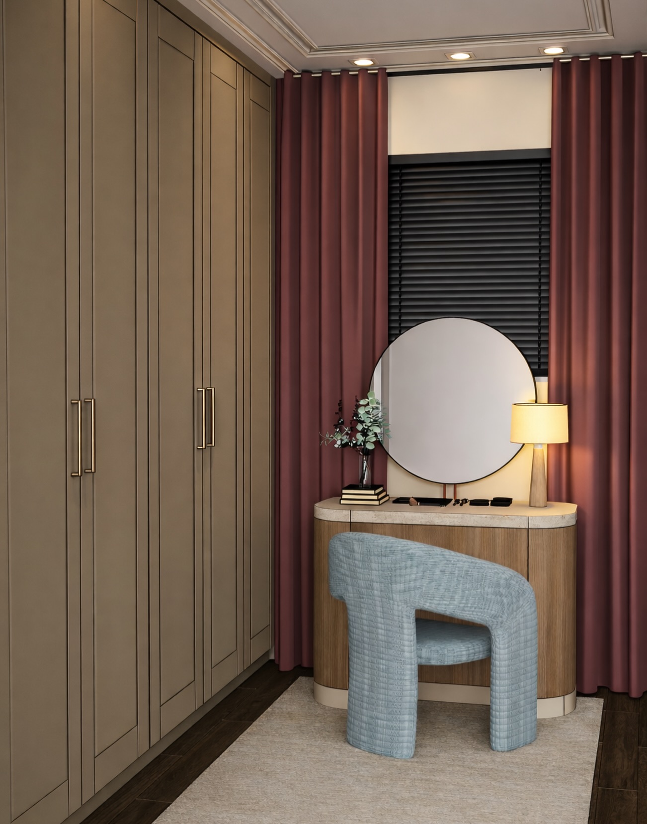 Interieur van een kamer met een grote kast, een ronde spiegel en een moderne stoel, omringd door bordeauxrode gordijnen.