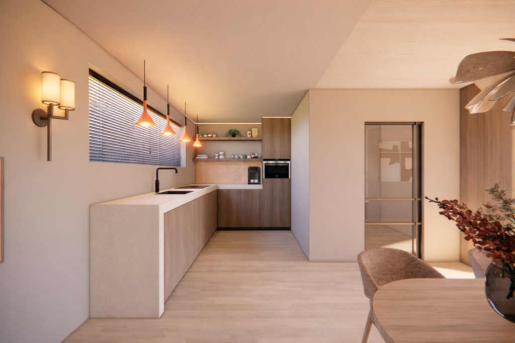 Moderne keuken met houten kasten, een betonnen aanrecht en opvallende verlichting.