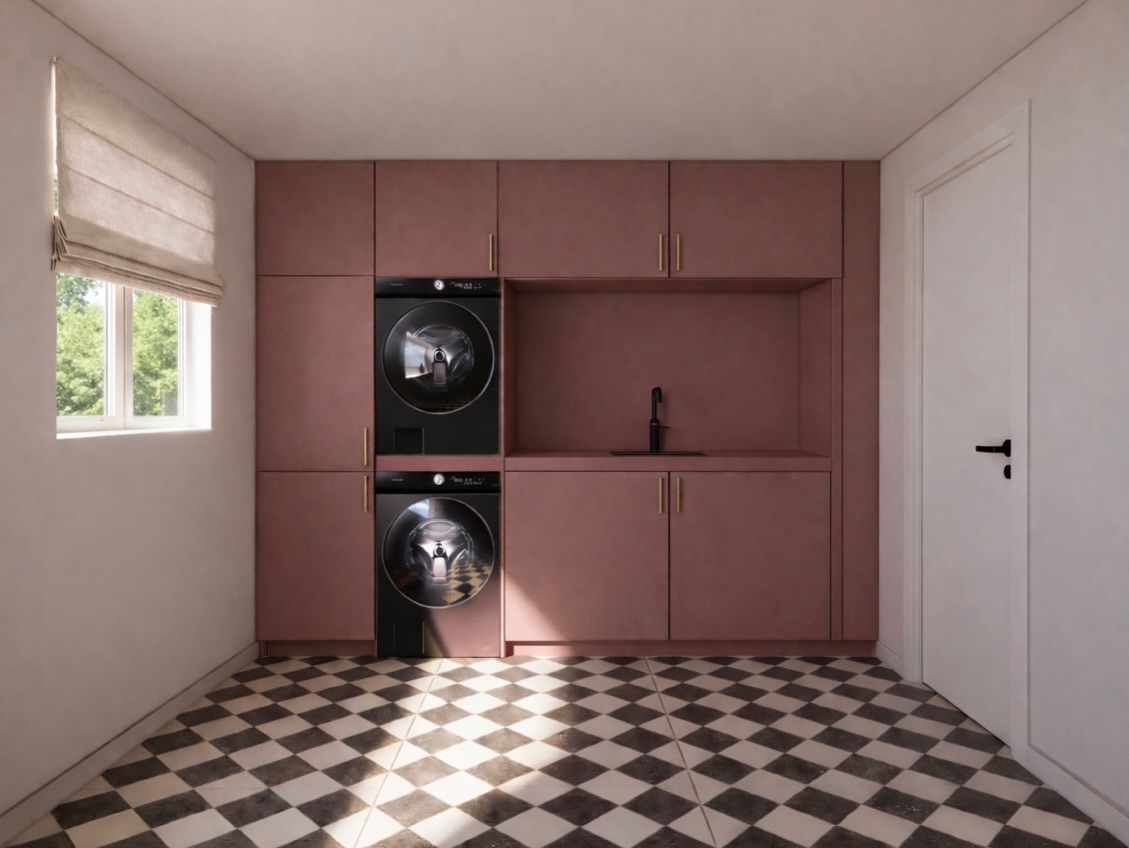 Een moderne wasruimte met een roze kast, zwart wasmachine en droger, een zwarte kraan en een raam met een lichte jaloezie.