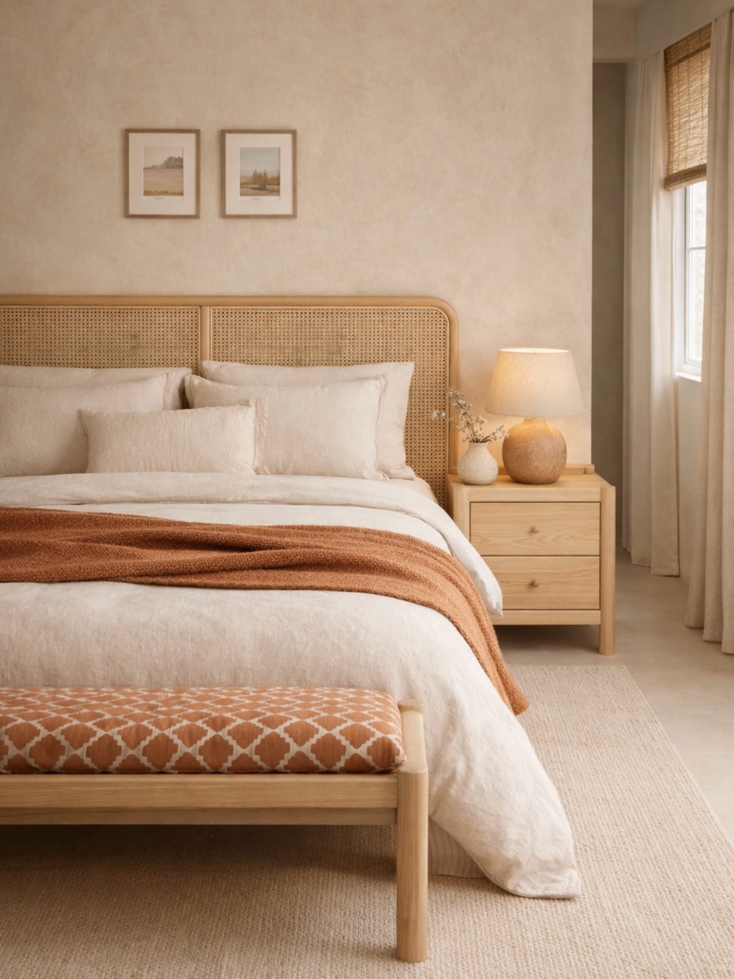 Sfeervolle slaapkamer met een natuurlijk kleurenpalet, een bed met een rieten hoofdbord, luxe kussens, en een warme deken, vergezeld door een nachtkastje met een lamp en een decoratieve bench.